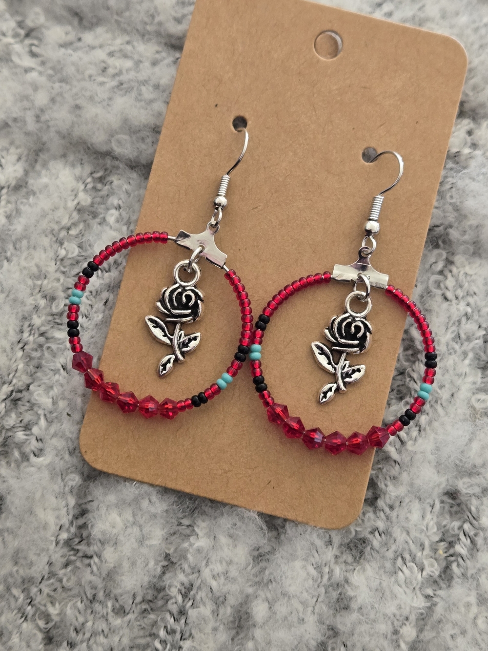 Red Beaded Hoop Earrings with Silver Rose Charm - Women Jewelry